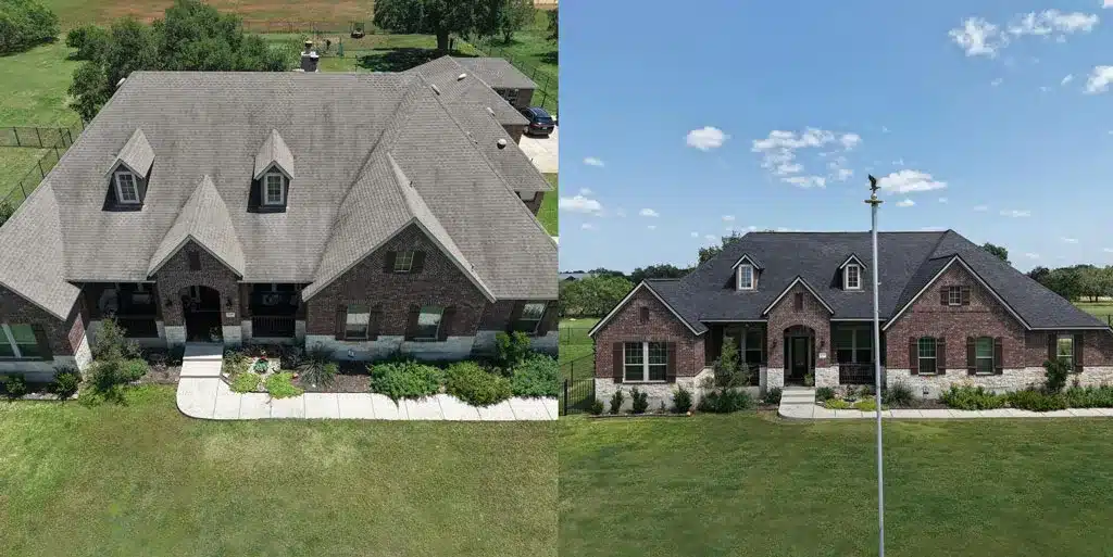 before and after photo of a residential roof replacement